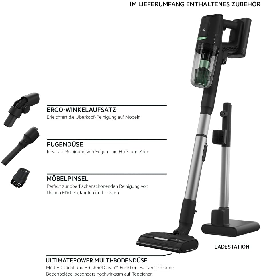 AEG ULTIMATE 8000 ÖKO AP81B25ÖKO Akku-Staubsauger / Automatik / 5-Stufen Filtration / digitale Anzeige / Multi-Bodendüse / 65% Recyclingmaterial / 3 Stufen / Akku wechselbar / 400ml / schwarz