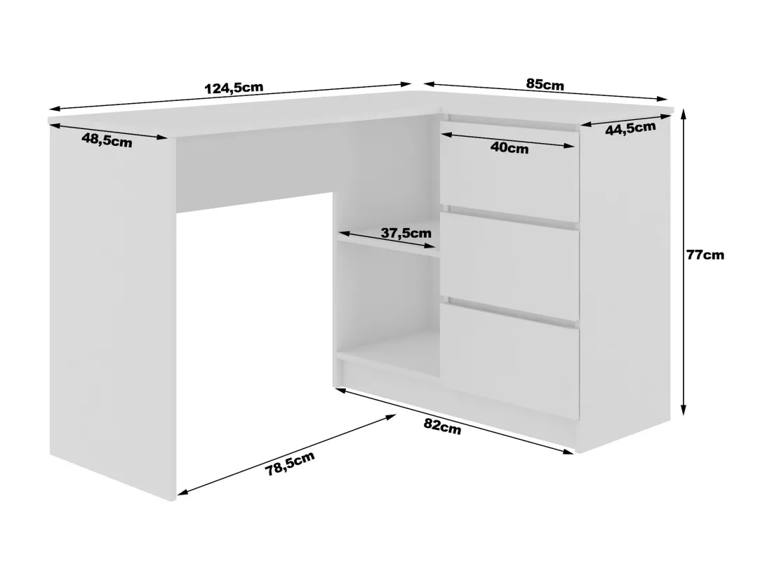 Bureau AKORD d'angle droit B16 Blanc 124 cm 3 tiroirs façade Chêne Sonoma 2 étagères 124x85x77 cm