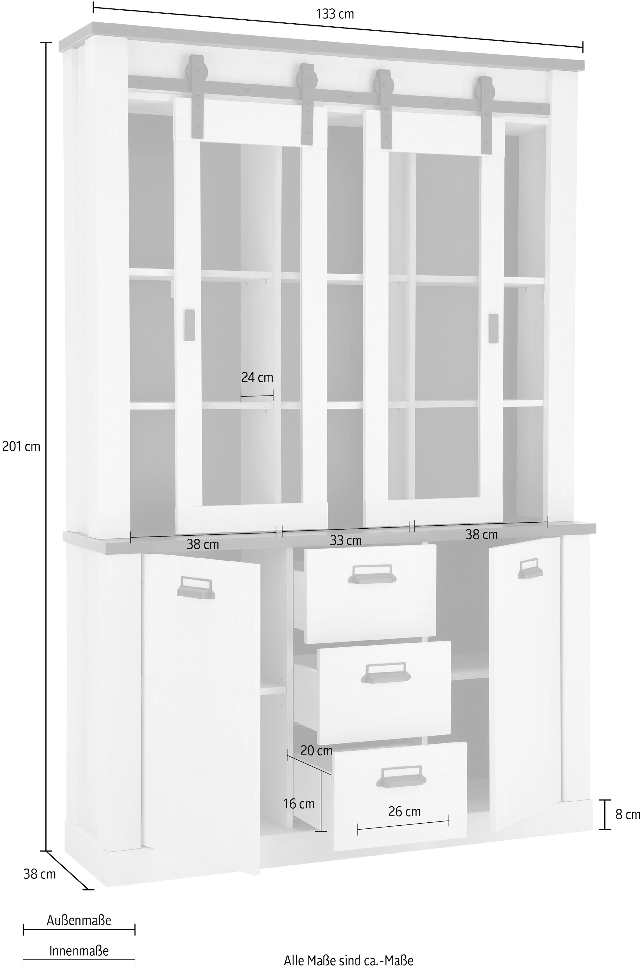 Home affaire Buffet »SHERWOOD« Holz Dekor, mit Scheunentorbeschlag und Apothekergriffen, Breite 133cm