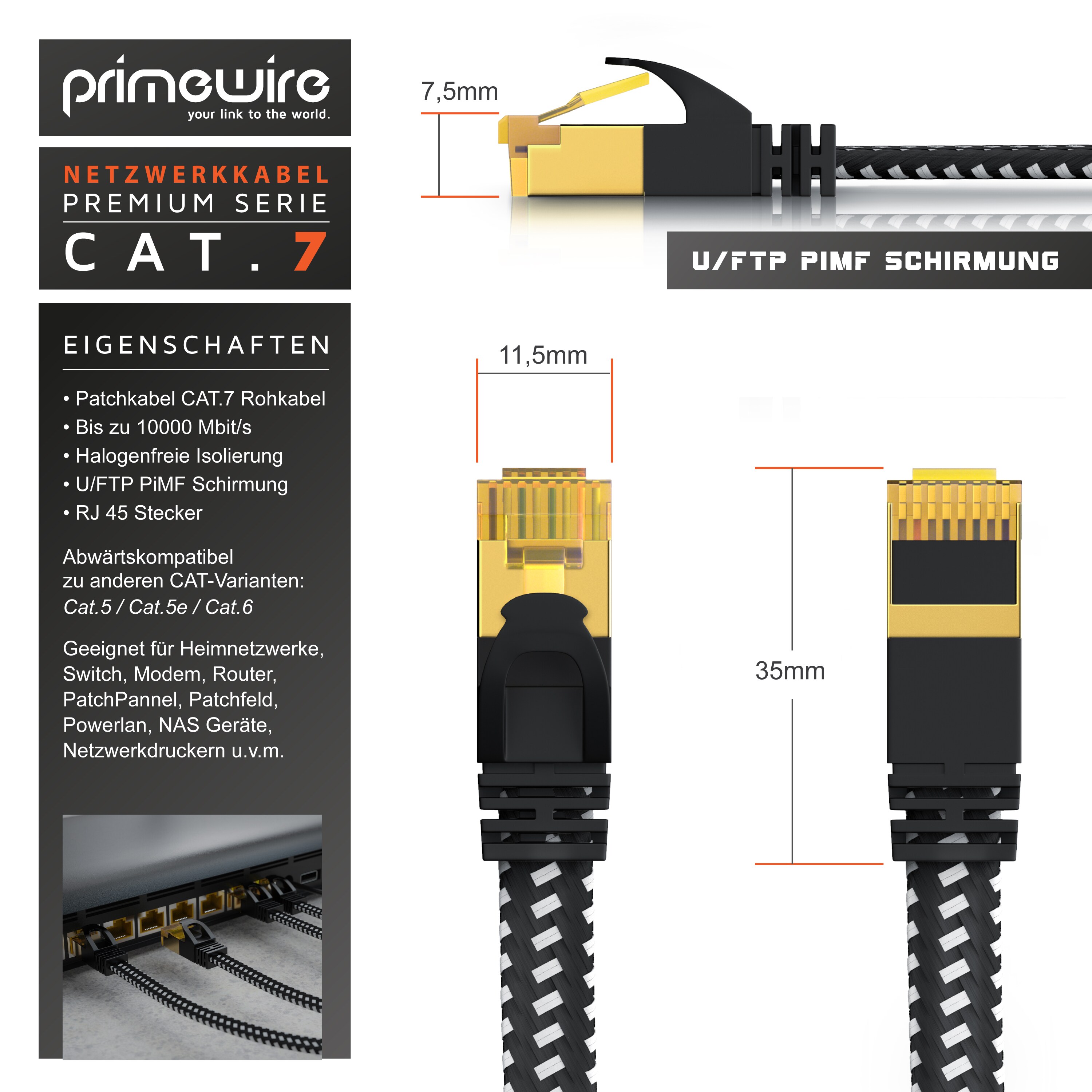 Primewire Flachbandpatchkabel CAT 7 mit Baumwollummantelung - Gigabit Ethernet LAN Kabel - 10 Gbit/s - U/FTP PIMF Schirmung - Netzwerkkabel - 2m