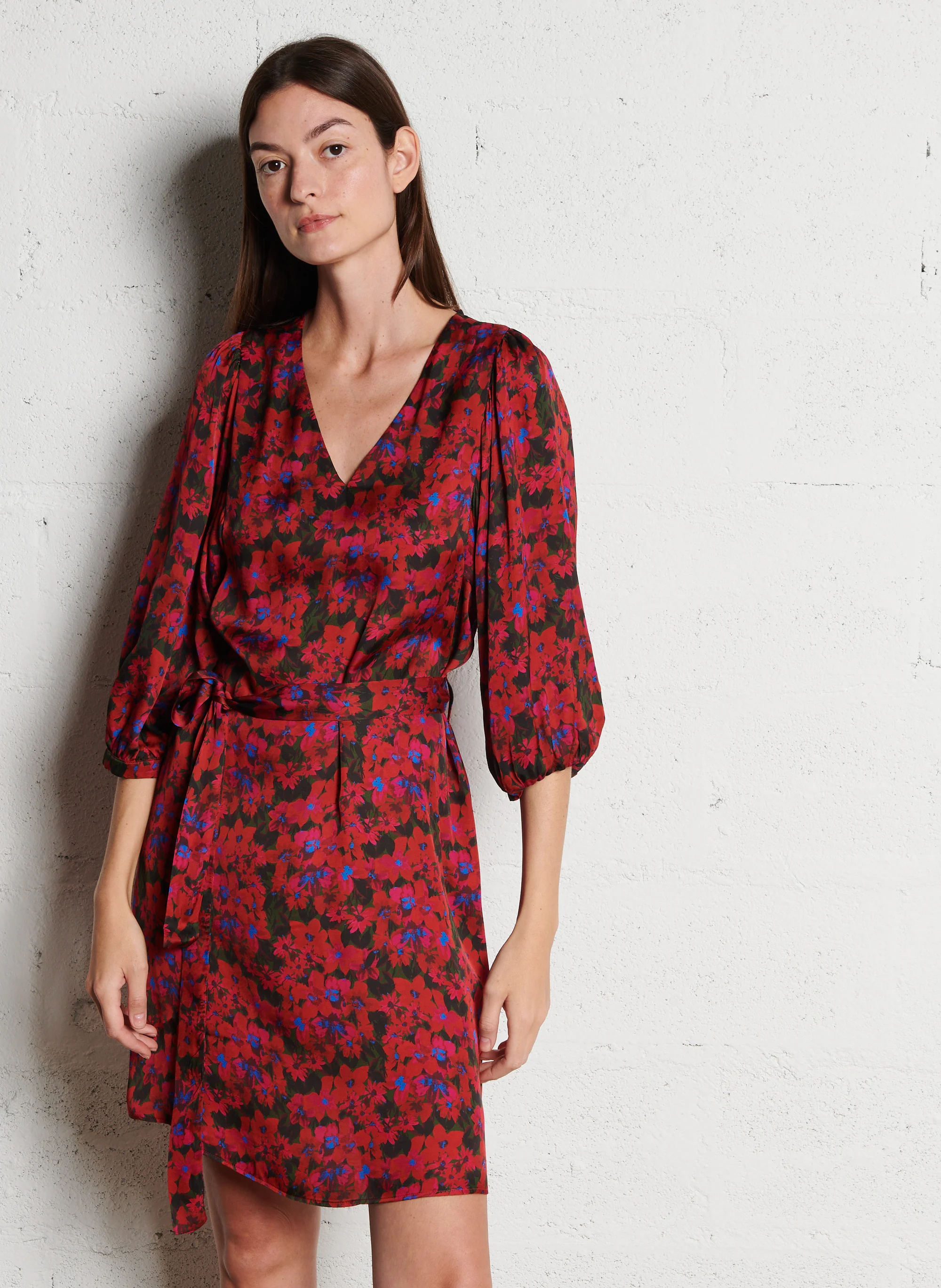 RAMILIA - Robe courte imprimée à manches bouffantes | Rouge