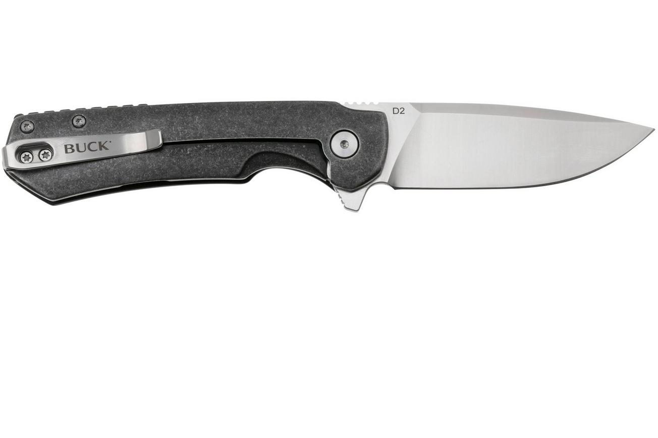 Buck Stinger 0714BKS Satin D2, Black Aluminium Carbon Inlay, zakmes