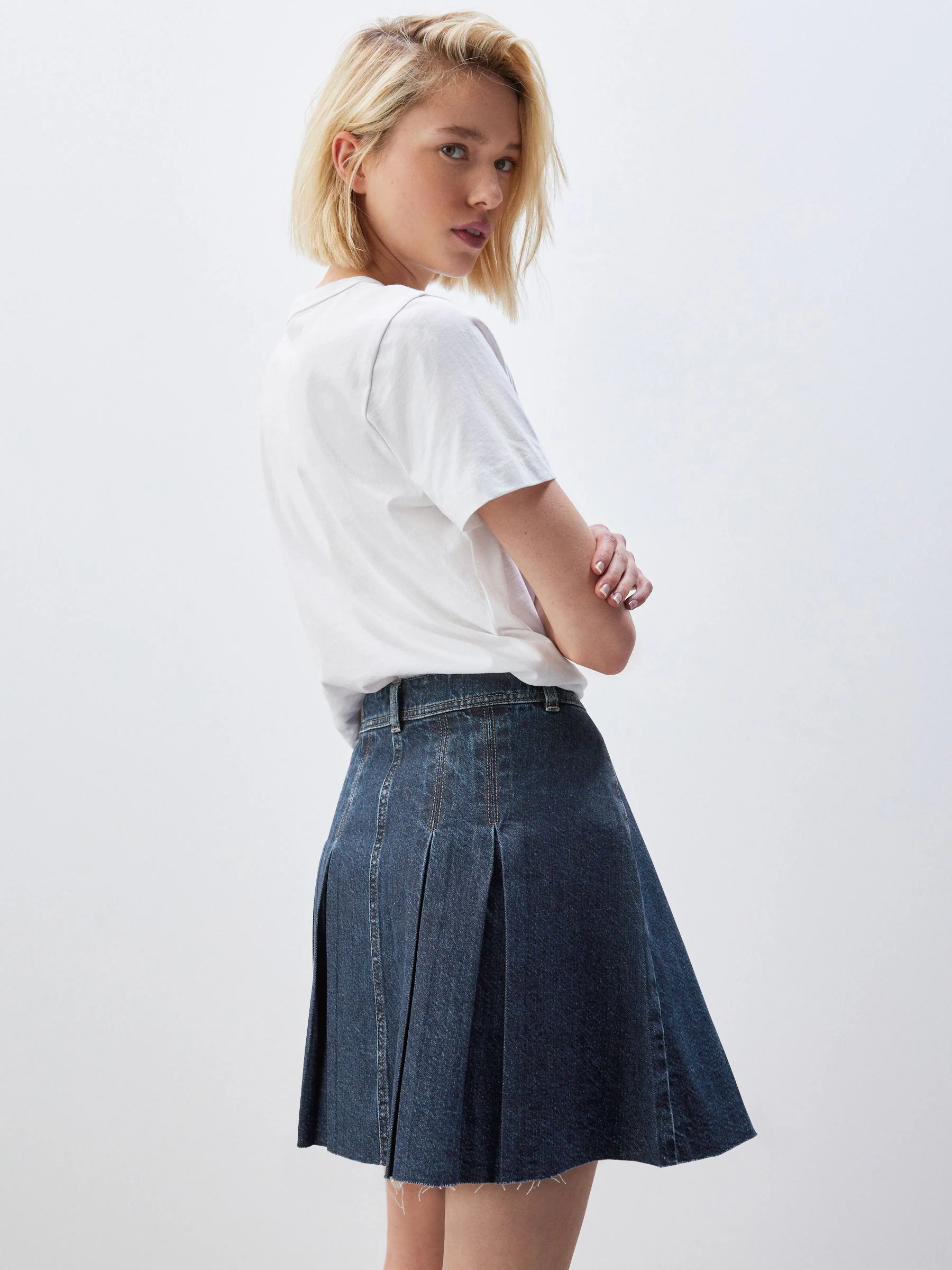 Donkerblauw - 100% katoenen geplooide denim minirok