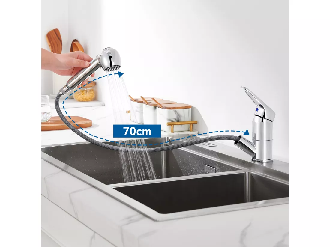 AuraLum Max Robinet Cuisine avec Douchette Extractible 2 Jets Mitigeur Evier en Inox Chromé Pivotant 360° Robinetterie Eau Froide/Chaude,EU Modèle
