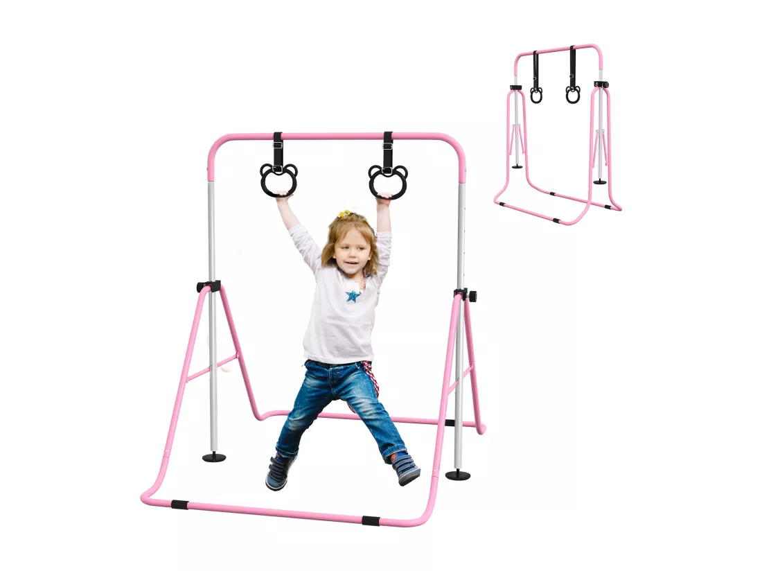 Portique d'anneaux double haubanage hauteur réglable dim. 148L x 105l x 88-128H cm acier rose