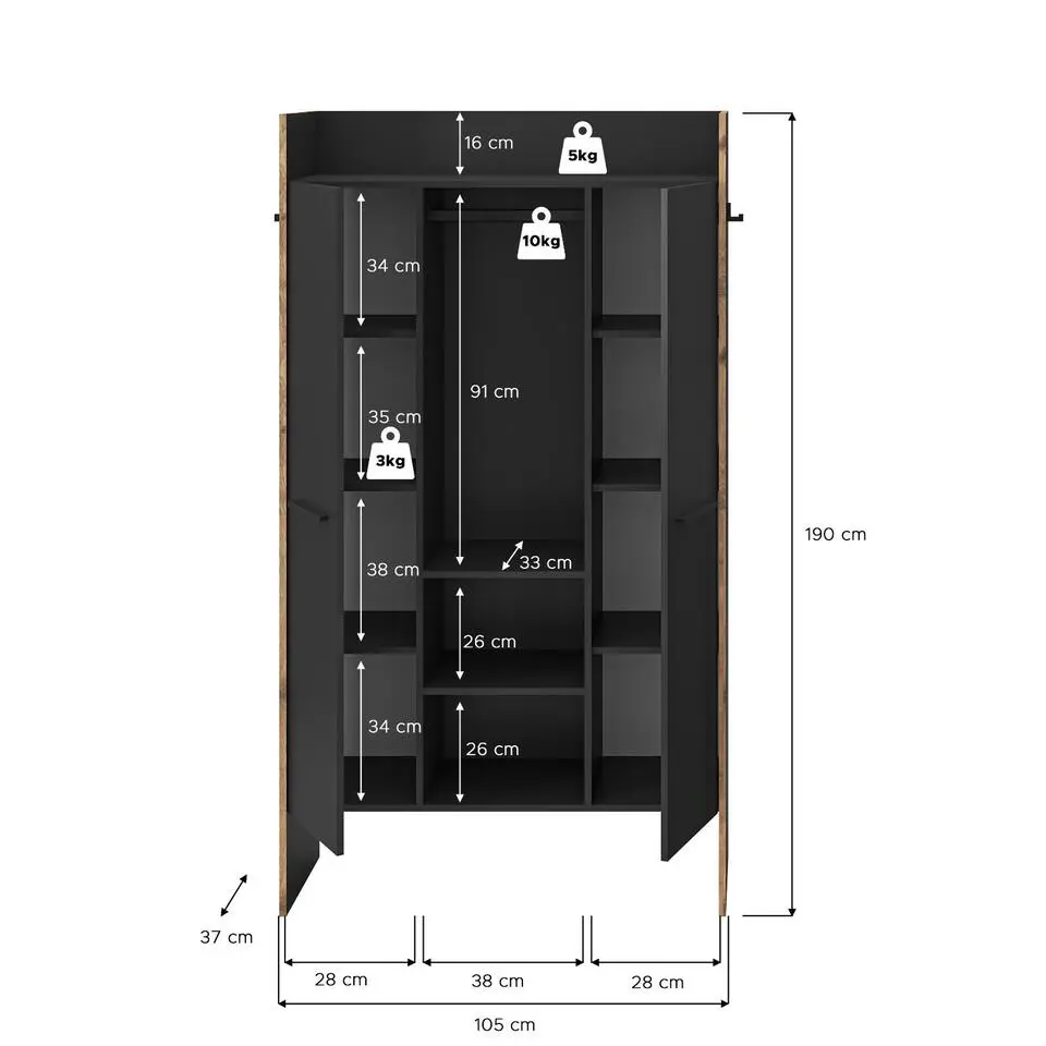 Hioshop Bueno kledingkast 2 deuren- 1 lade- 3 planken en 2 haken donkergrijs