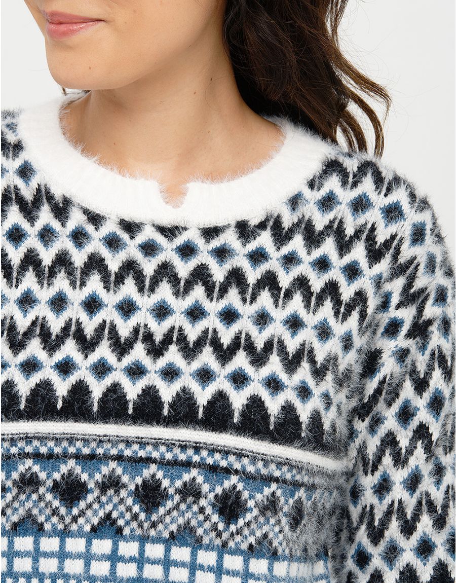 Pull jacquard bleu blanc