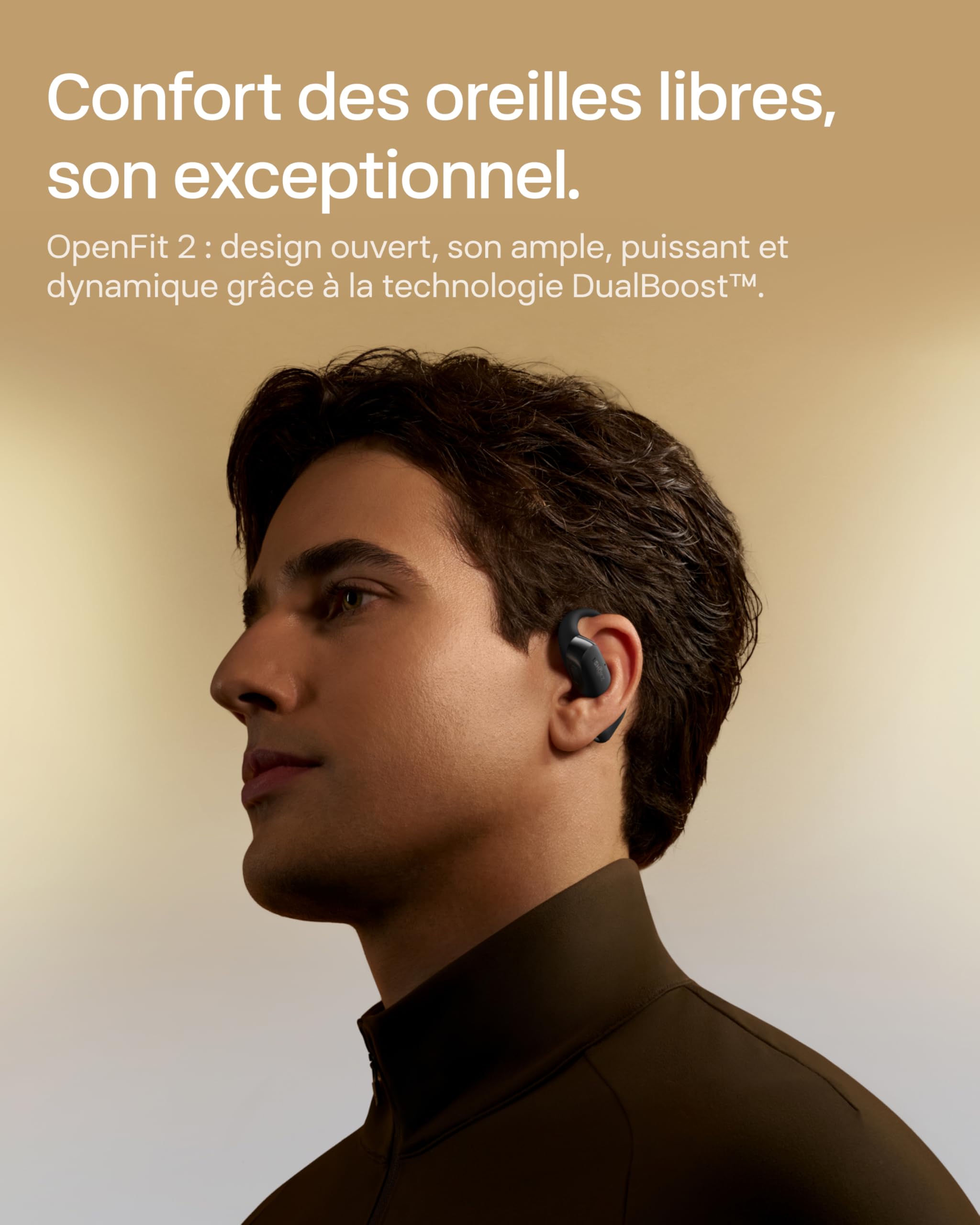 SHOKZ OpenFit 2 Casque à Oreilles Libres, écouteurs Bluetooth sans Fil avec Micro, écouteurs avec Crochet d’oreille et 48 Heures de Lecture, Charge Rapide, résistance IP55, Sac de Transport, Noir