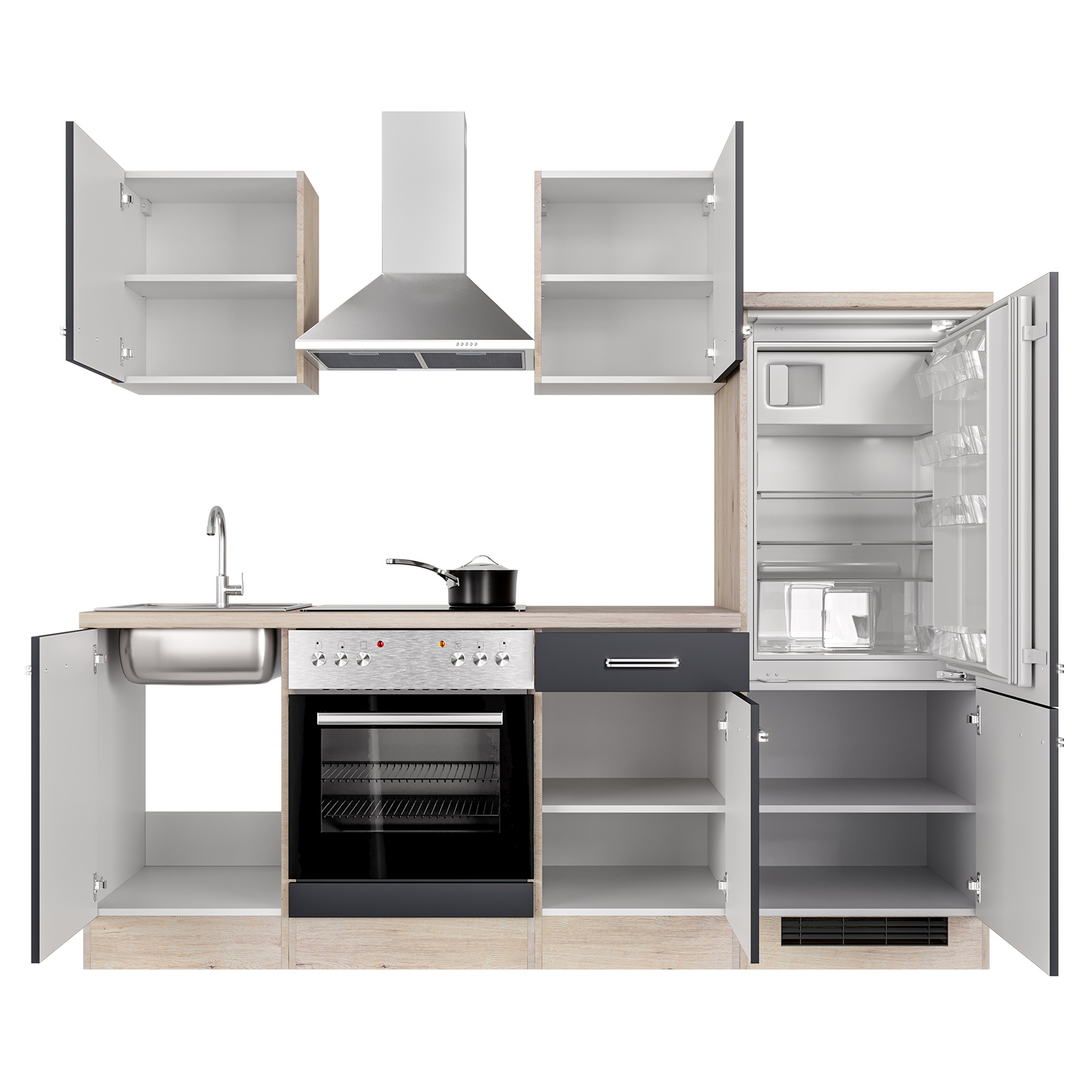 Küchenblock RISENTO - anthrazit miniperl - San Remo Eiche - 220 cm - mit E-Geräten