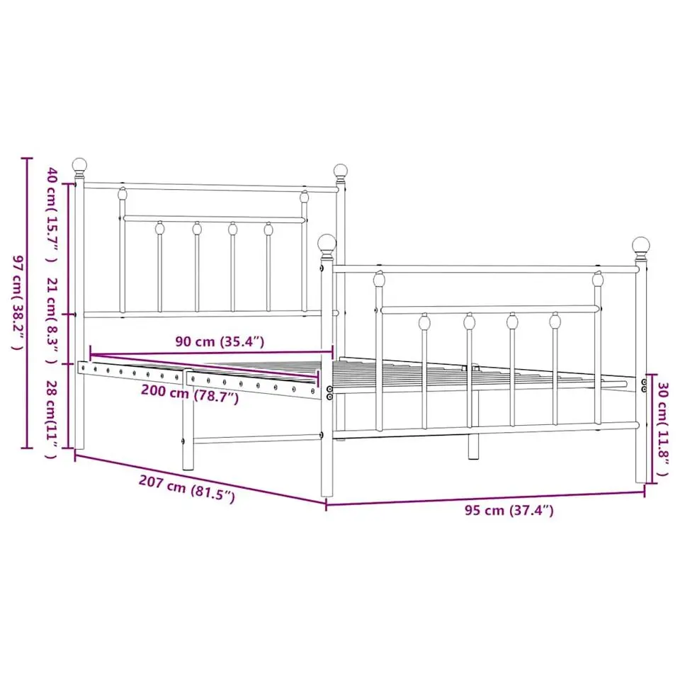 vidaXL - Bed frame met hoofd- en voeteneinde - Wit - Metaal - 90x200 cm