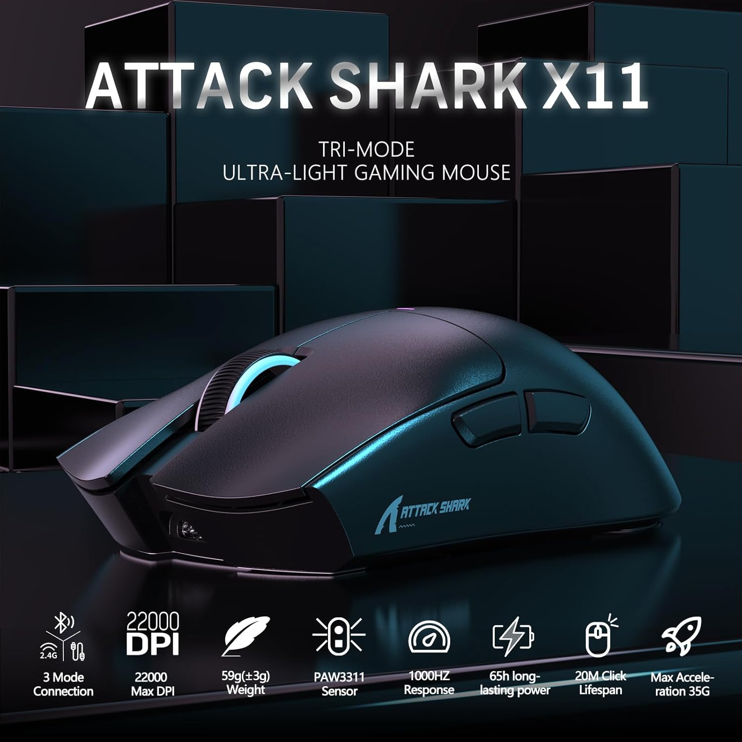 (63g) X11 Ultraleichte 2.4GHz / Bluetooth 5.0 Wireless Gaming Maus mit Akku (300mAh)   Magnetische Ladestation mit RGB - Schwarz