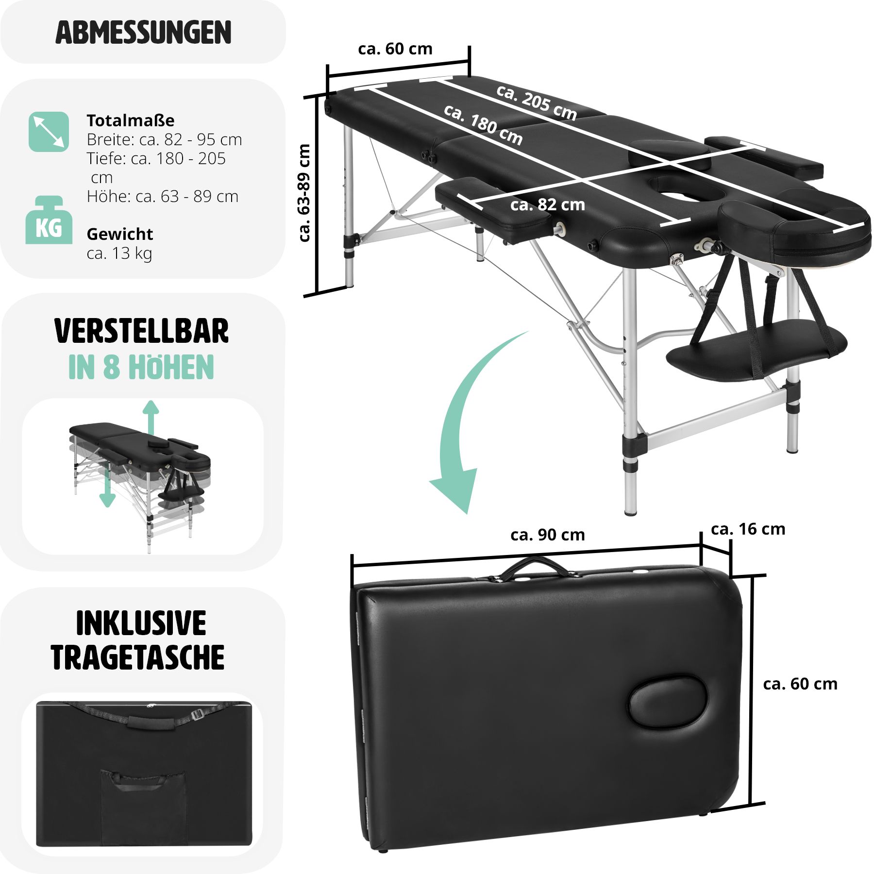 tectake® 2 Zonen Massageliege, mit Aluminiumgestell, verstellbare Ablagen für Kopf und Arme, 210 x 95 x 63 - 89 cm