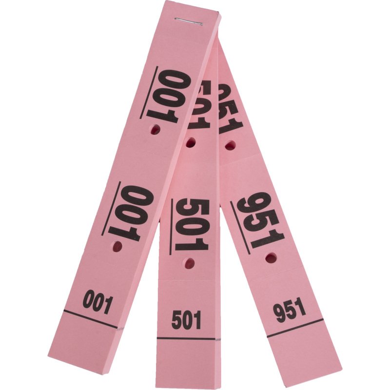 Carnet de 50 tickets vestiaires numérotés de 3 volets (dont 2 volets avec trous) - format 20 x 3 cm - rose