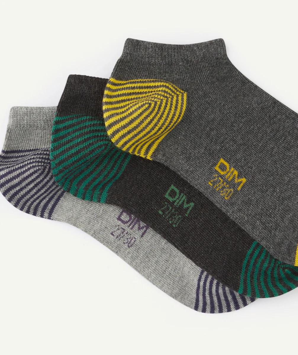 DIMLOT DE 3 PAIRES DE SOCQUETTES GRISES AVEC EXTREMITÉS COLORÉES