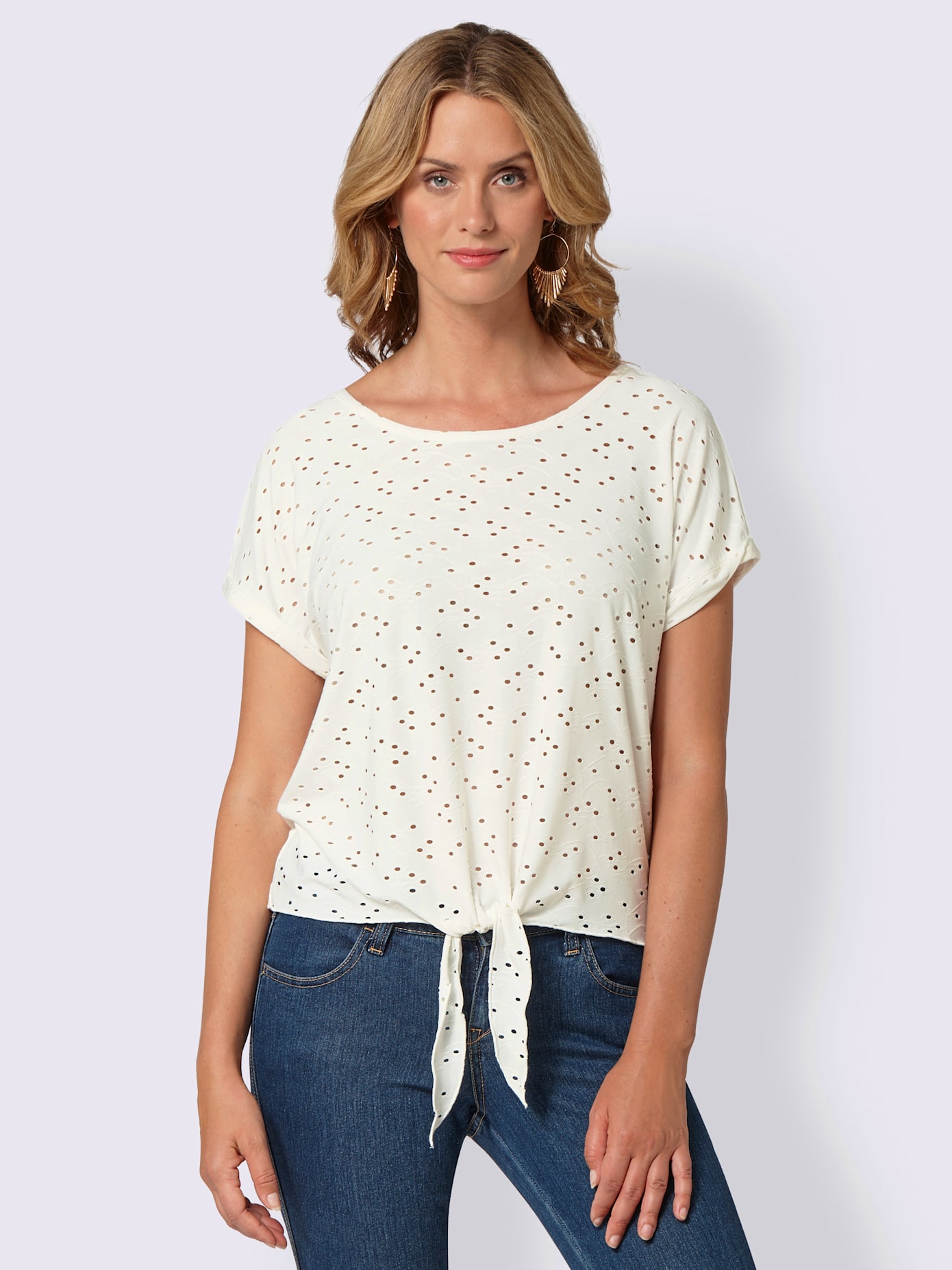 T-shirt élégant motif pois ajourés nœud ourlet
