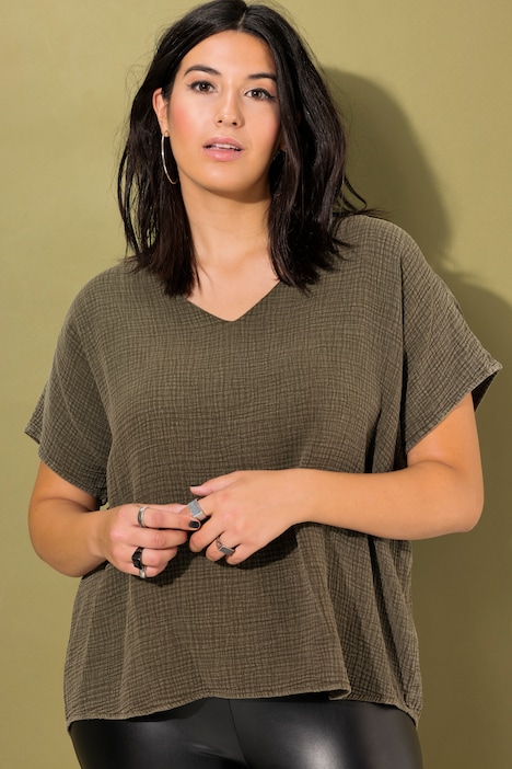 Blusenshirt, oversized, Musselin, V-Ausschnitt