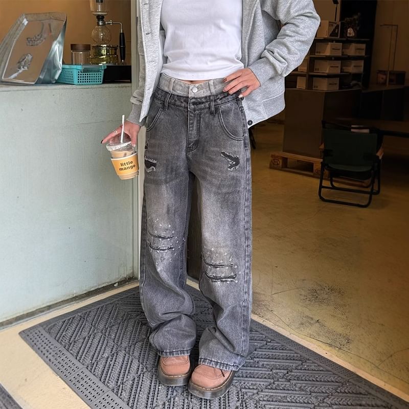 GRAYCIOUS - Mock Two-Piece Mid Rise Washed Distressed Wide Leg Jeans