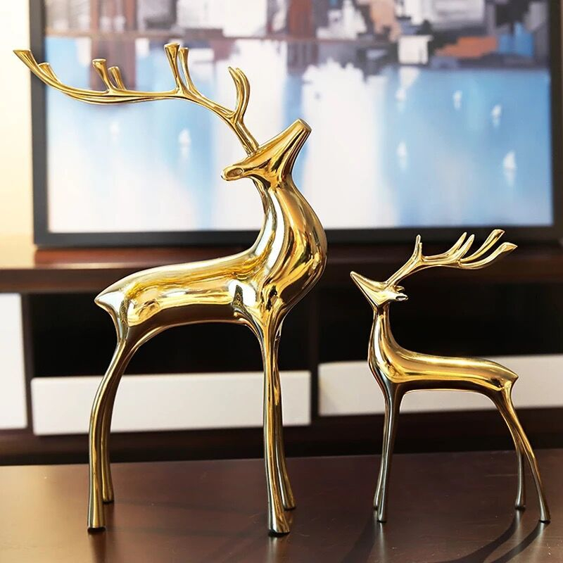 (2er Set) Metall Weihnachts Deko Hirsch Figur Home Accessoire Elegante Rentier Statue - Gold