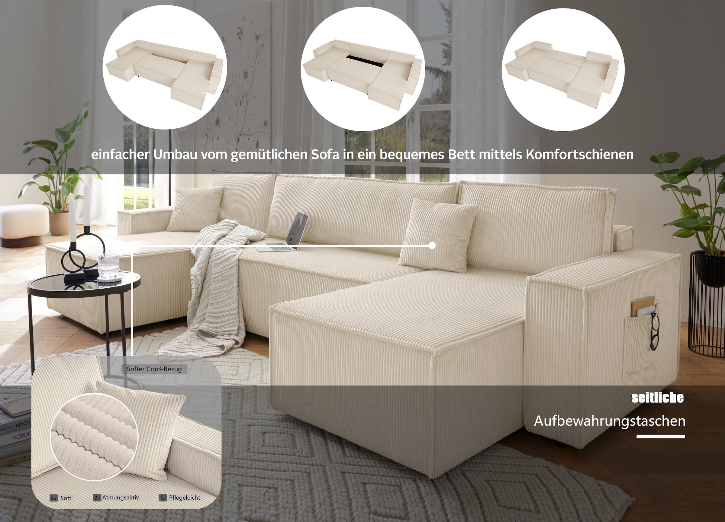 GOODproduct Wohnlandschaft »CASSI, 311 cm, U-Form, Schlafsofa, Bettkasten, Boxspringfederung, Cord« Schlaffunktion (133/270cm), Bettkasten, Seitentaschen, Cord-Bezug