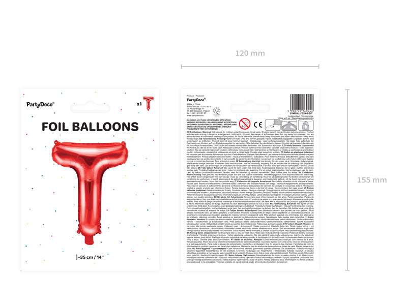 Folie Ballon Letter T Rood Leeg 35cm