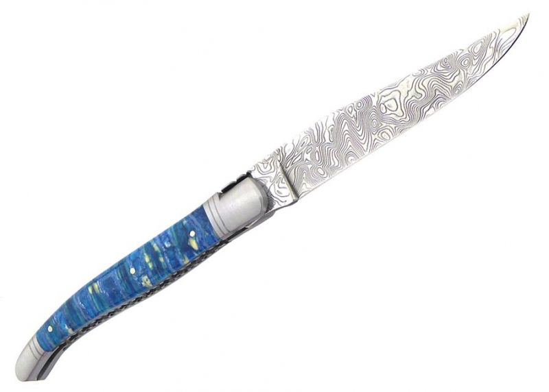 VENDU - Couteau Laguiole avec un manche en molaire de Mammouth teintée bleu