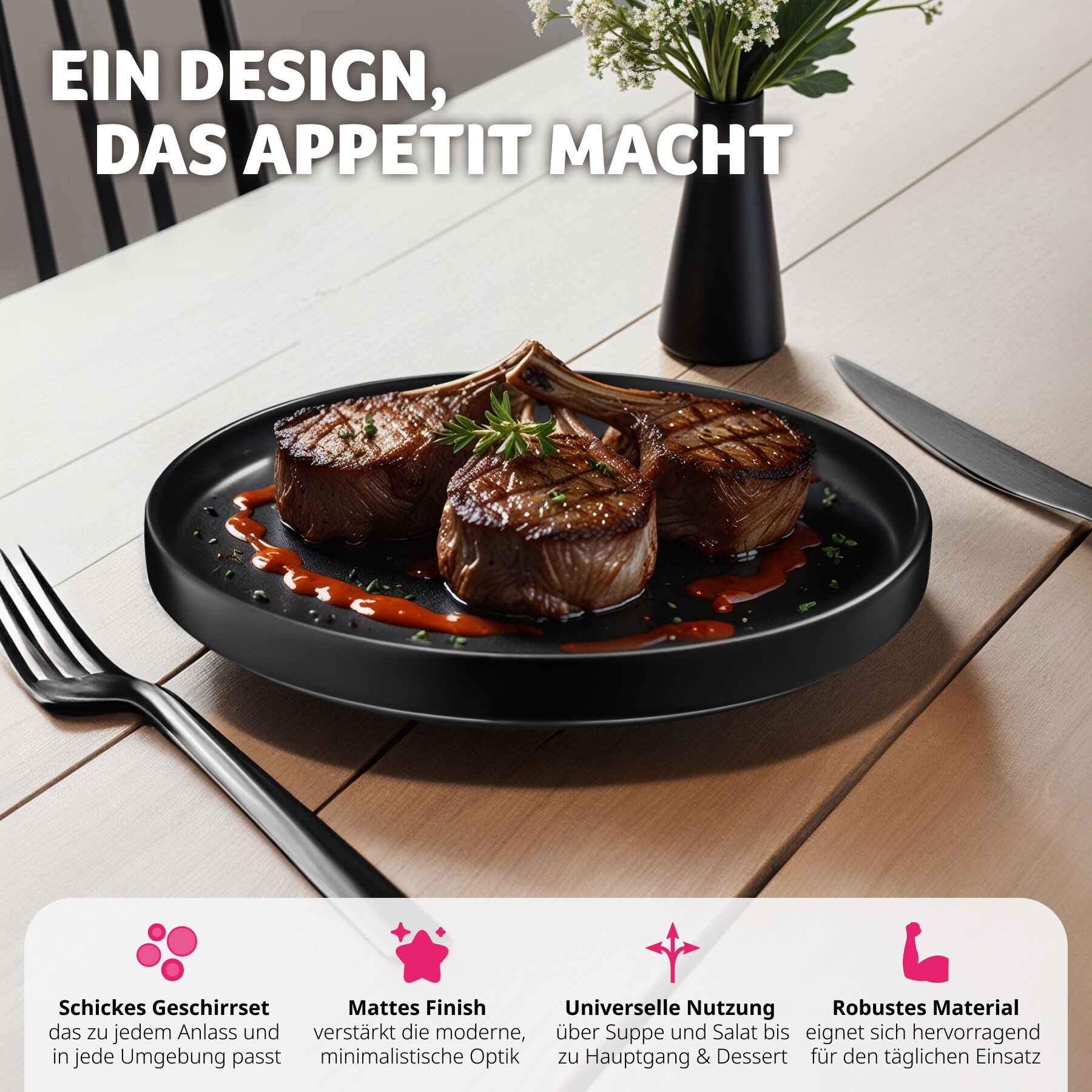 tectake® Geschirrset, für 6 Personen, aus Steingut, mit Glasur, ineinander stapelbar