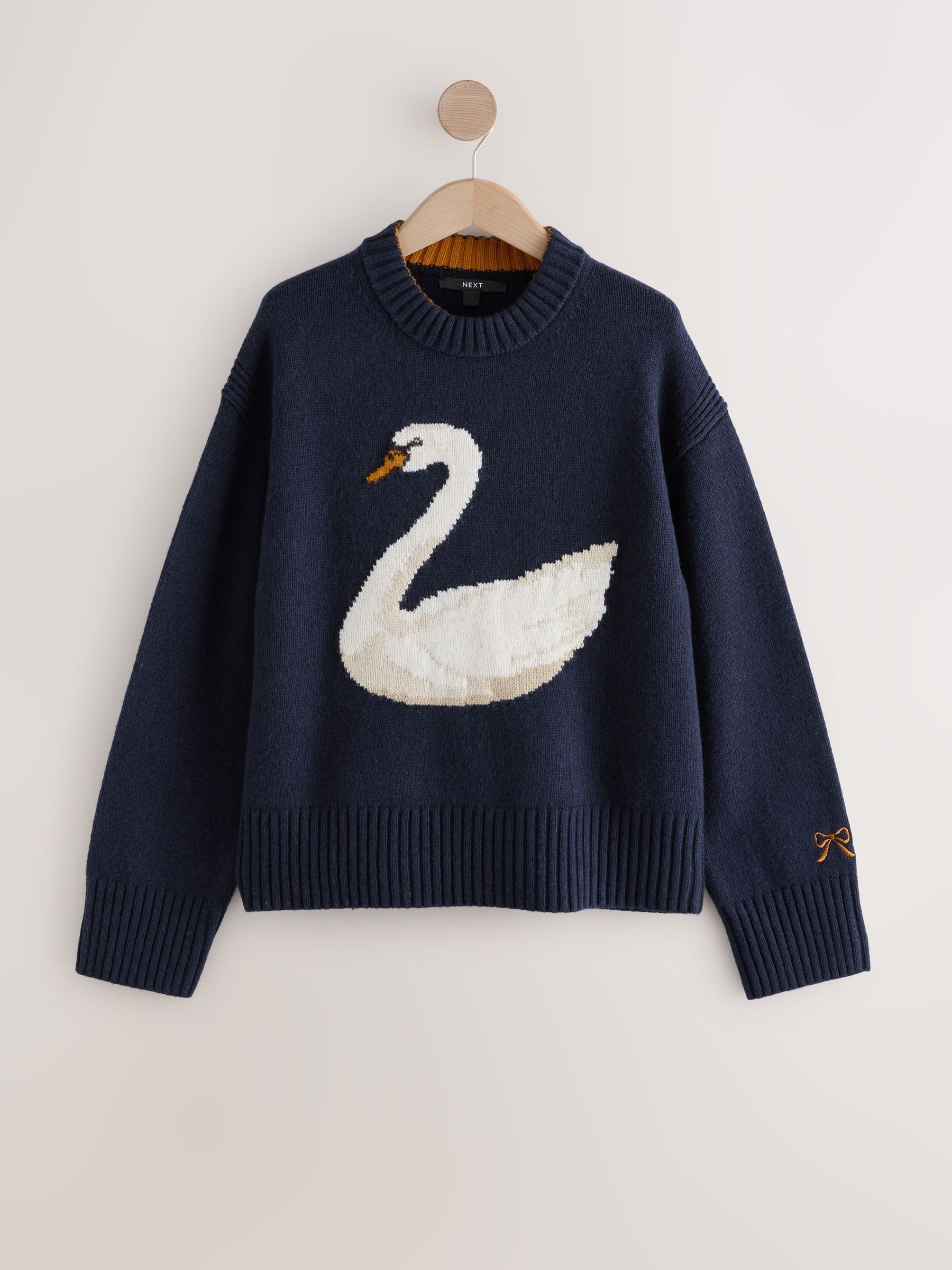 Marineblauwe Swan grafisch ontwerp - Trui met ronde hals en lange mouwen met wol
