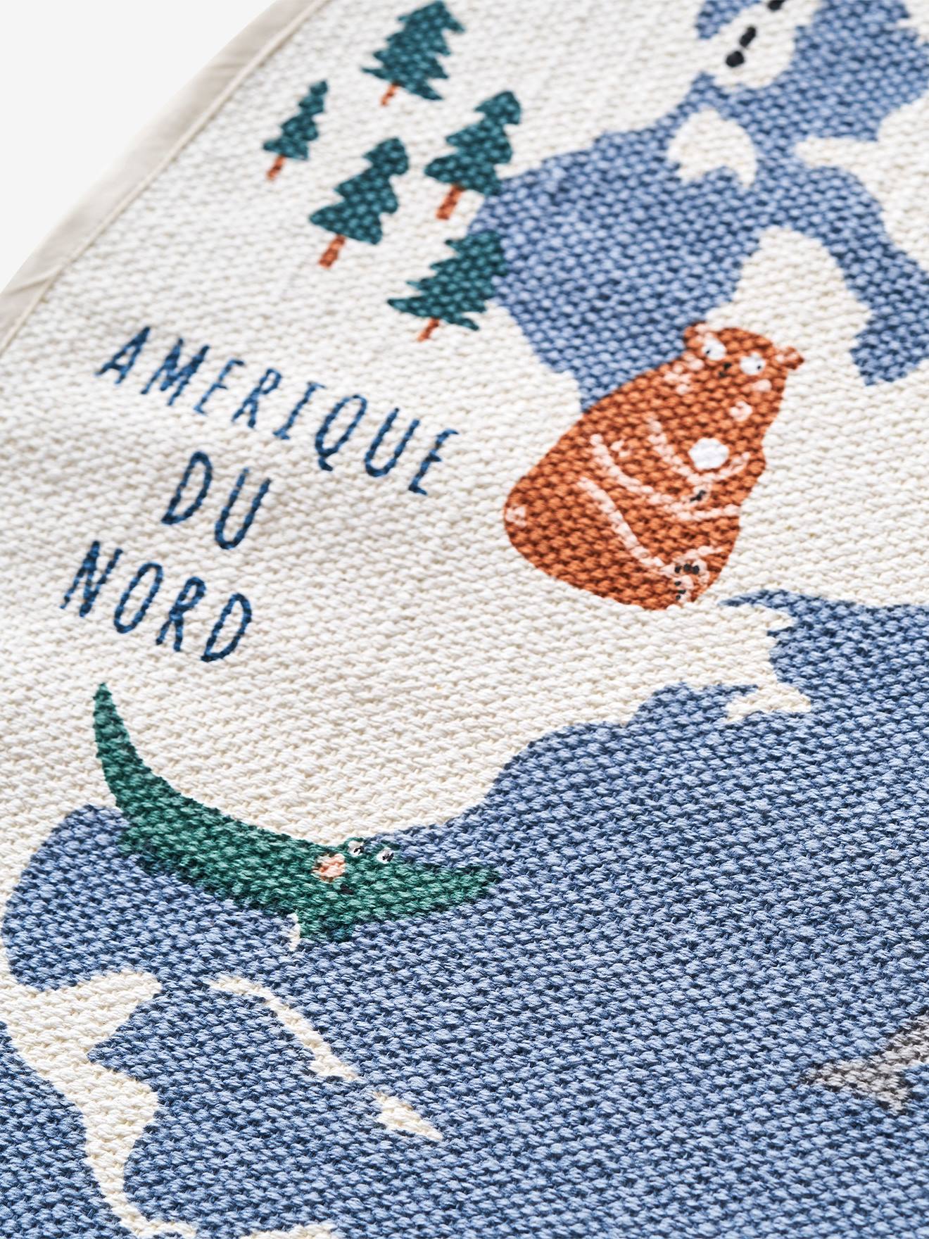 Tapete redondo, mapa-múndi liso azul médio com motivos.