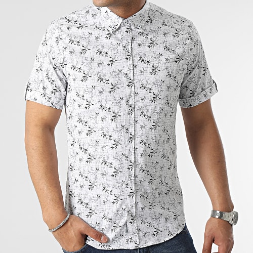 Chemise Manches Courtes Floral Blanc Bleu Clair