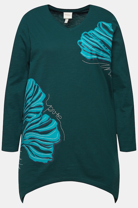 Longshirt, Blätter, V-Ausschnitt, Langarm, Biobaumwolle
