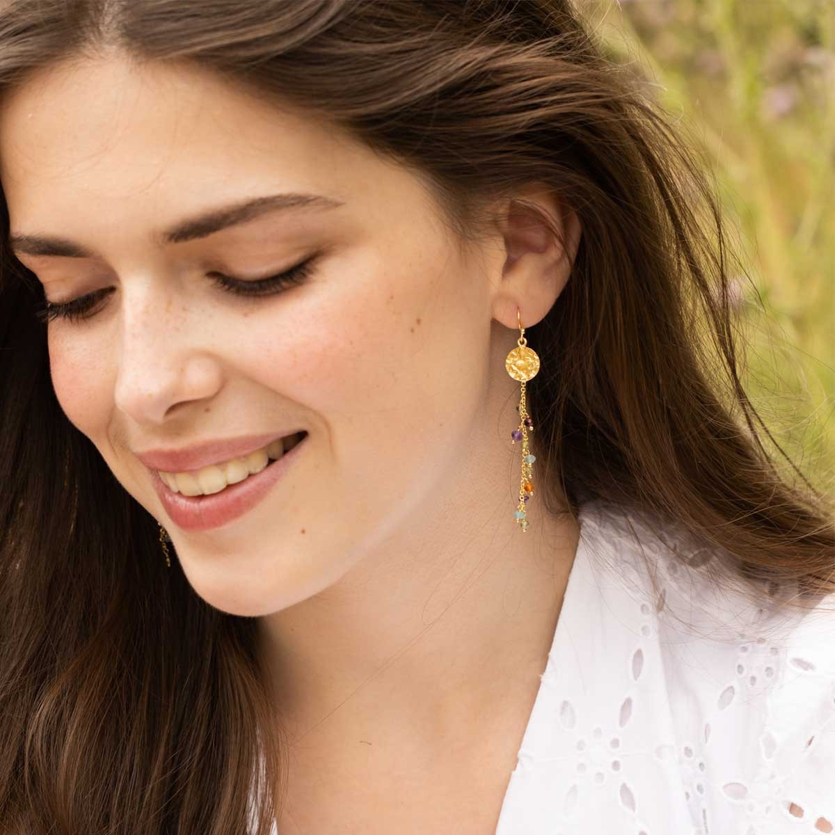 Boucles d'oreilles Hayley - Laiton doré, améthyste, apatite & préhnite