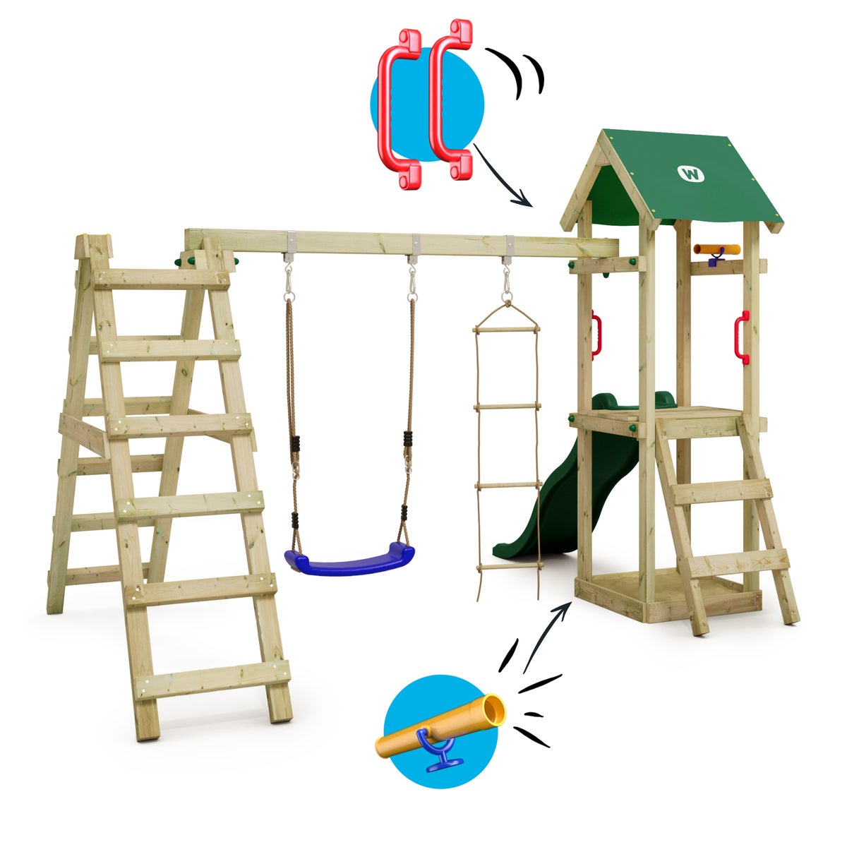 WICKEY TinyLoft Speeltoren Klimrek met Schommel en Glijbaan, Klimtoren met Zandbak, Ladder en Speelaccessoires - Groen