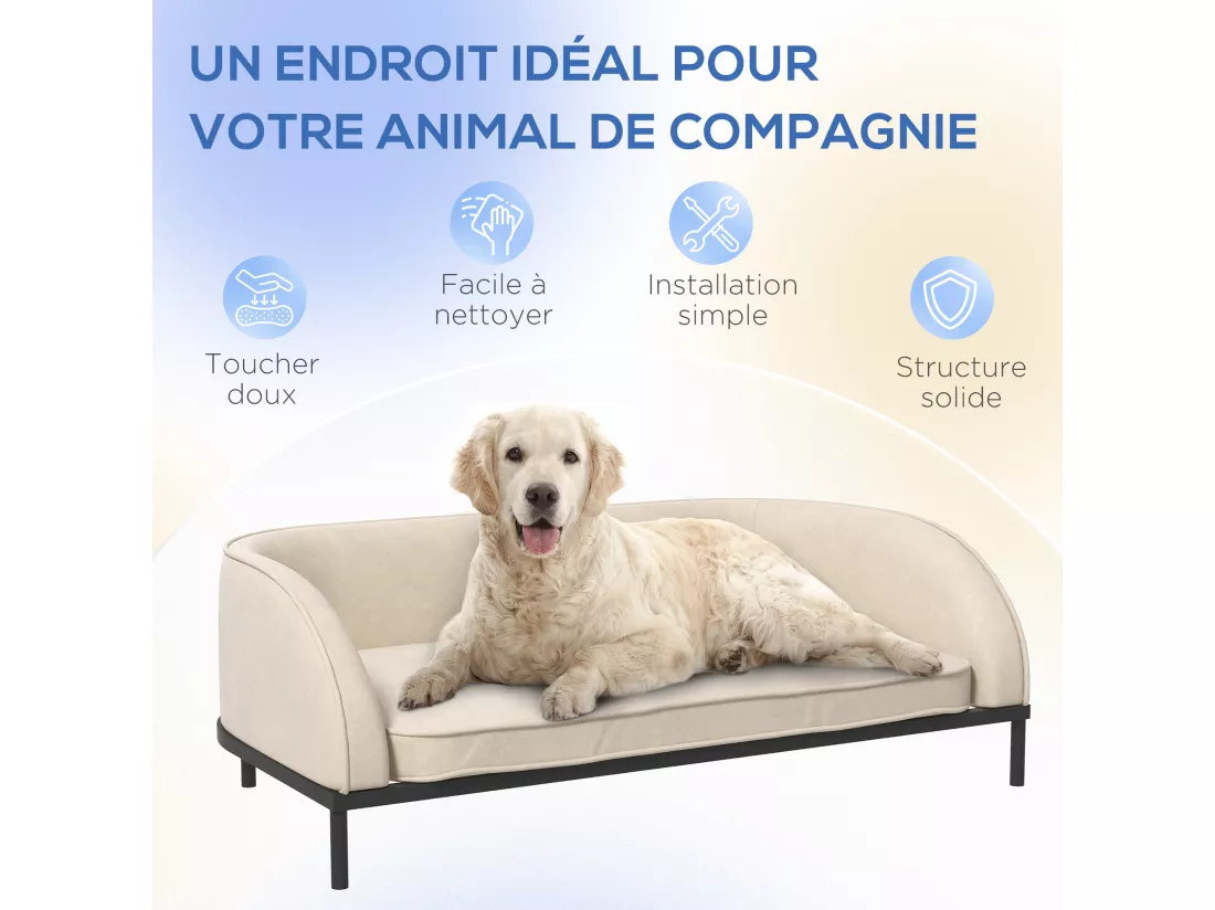 Canapé chien lit pour chien chat design contemporain dim. 101L x 62P x 34H cm coussin moelleux velours beige