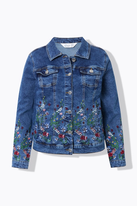 Jeansjacke, Blumen-Stickerei am Saum
