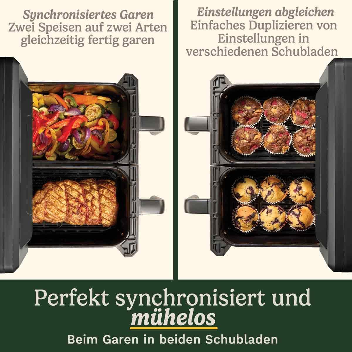 Cuisinart XXL Zweizonen-Heißluftfritteuse| PFAS Frei | Chemiekalien frei,| Braten, Grillen, Backen, Dehydrieren und Warmhalten | 2 kammern| 2 x 5.2L - 8+ portionen| Spülmaschinenfeste Teile, Schwarz