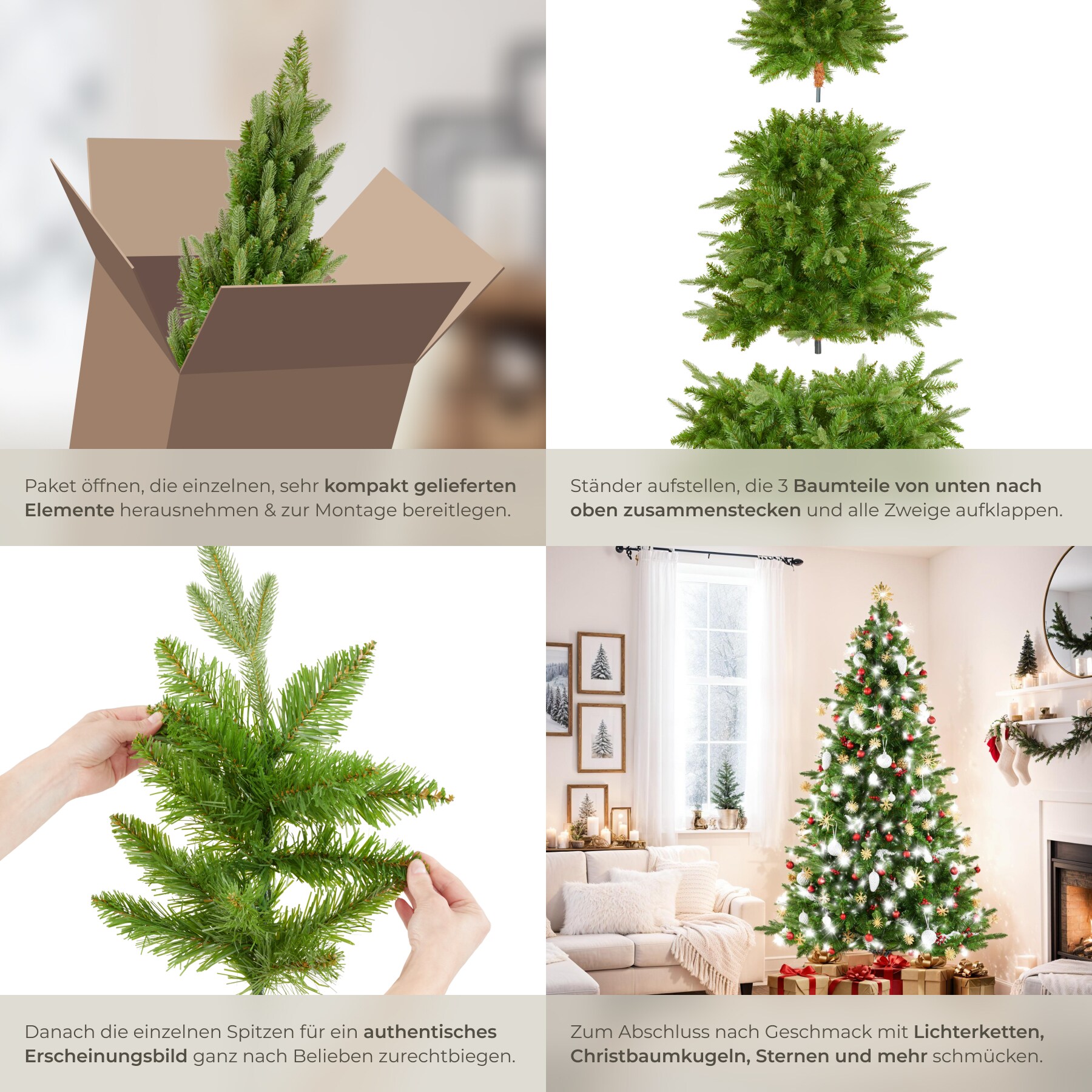 tectake® Weihnachtsbaum , verschiedene Größen, künstlich in Grün, PVC- und Spritzgussnadeln, formbar mit viel Volumen, klappbarer Baumständer aus Holz
