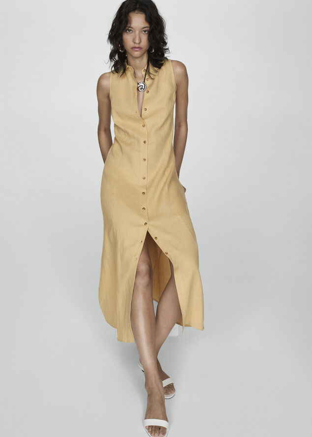 MANGO Linen-blend shirt dress Dark yellow