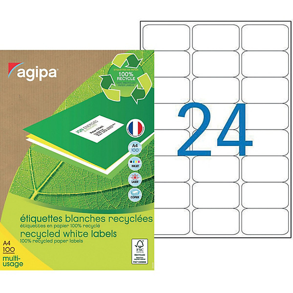 AGIPA 102645 Etiquettes blanches recyclées multi-usage 63,5 x 33,9 mm - Boîte de 2400