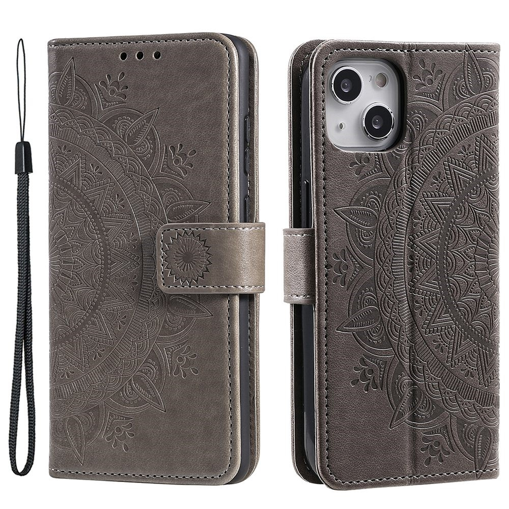 iPhone 15 Leder Tasche Wallet - Mandala Flowers Imprint - Grau