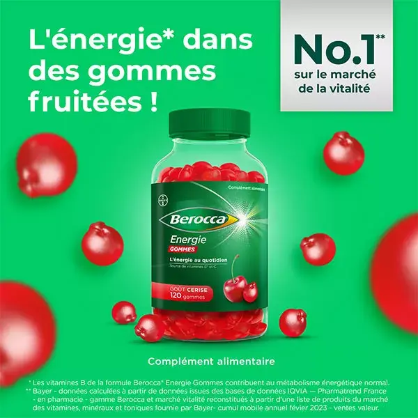Berocca® Energy 120 gomas Suplemento alimentar multivitamínico sabor cereja