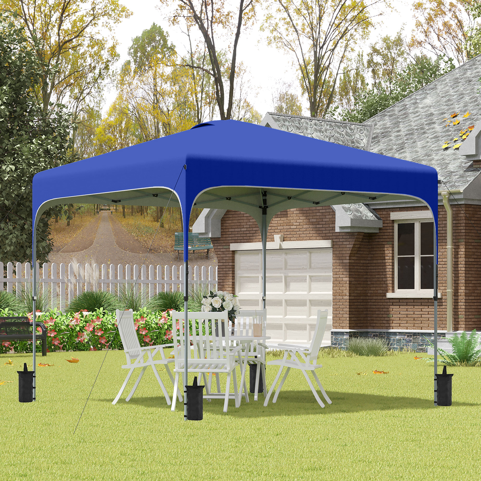 Gazebo dobrável Outsunny 2,5x2,5x2,68 m, tenda de jardim com proteção UV 50+, altura ajustável, 4 sacos de areia e bolsa de transporte para camping, festas e pátios. Cor azul.