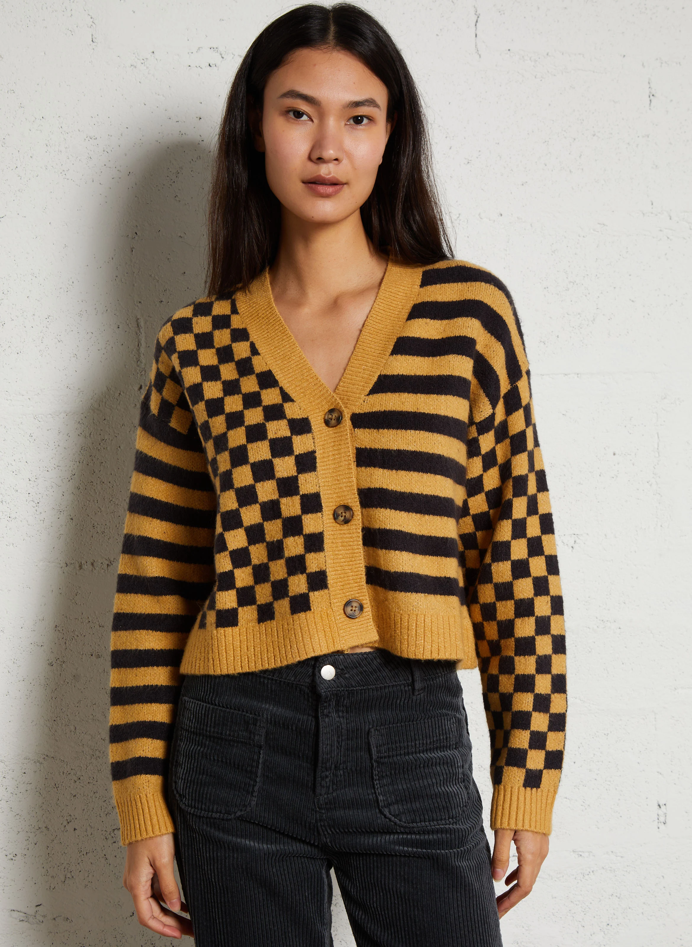 CHECK YA - Gilet col V damier | Beige
