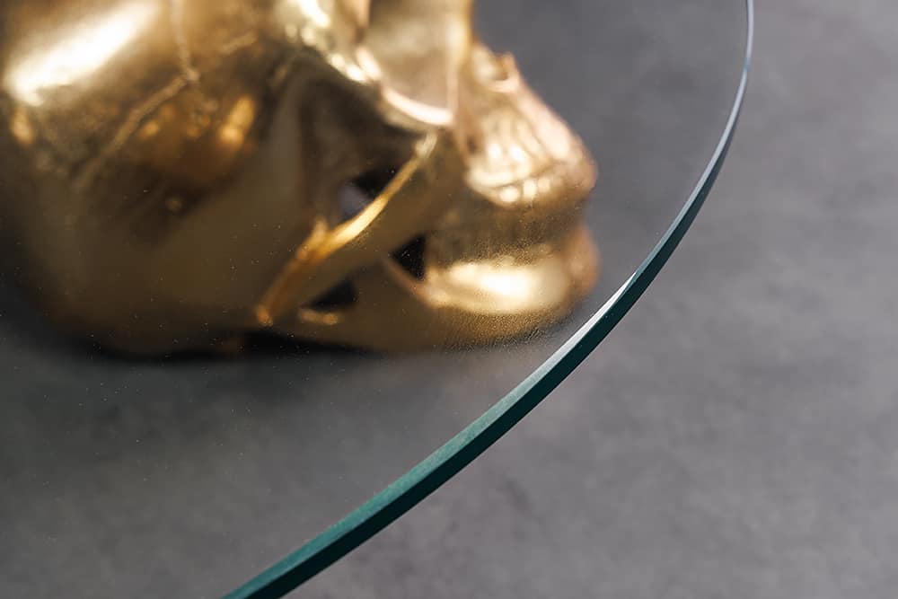 Design Couchtisch SKULL XXL 90cm gold rund Glasplatte Metall Totenkopf handmade
