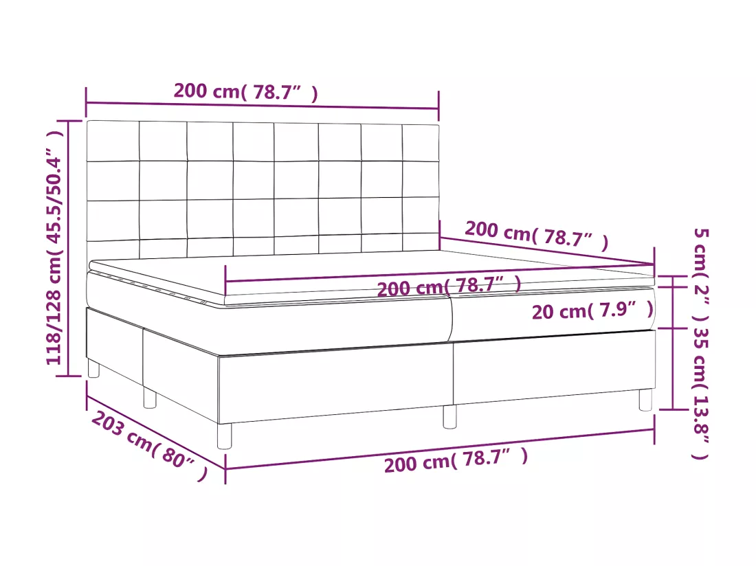 Sommier tapissier et matelas et LED Crème 200x200 cm Tissu
