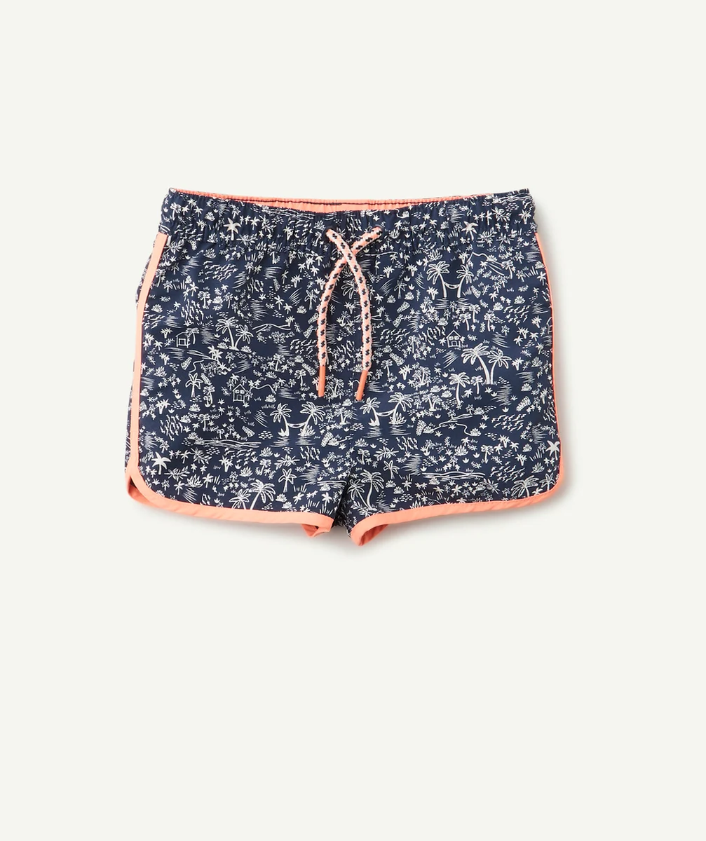 LE SHORT DE BAIN BLEU IMPRIMÉ PALMIERS AVEC DETAILS ORANGE