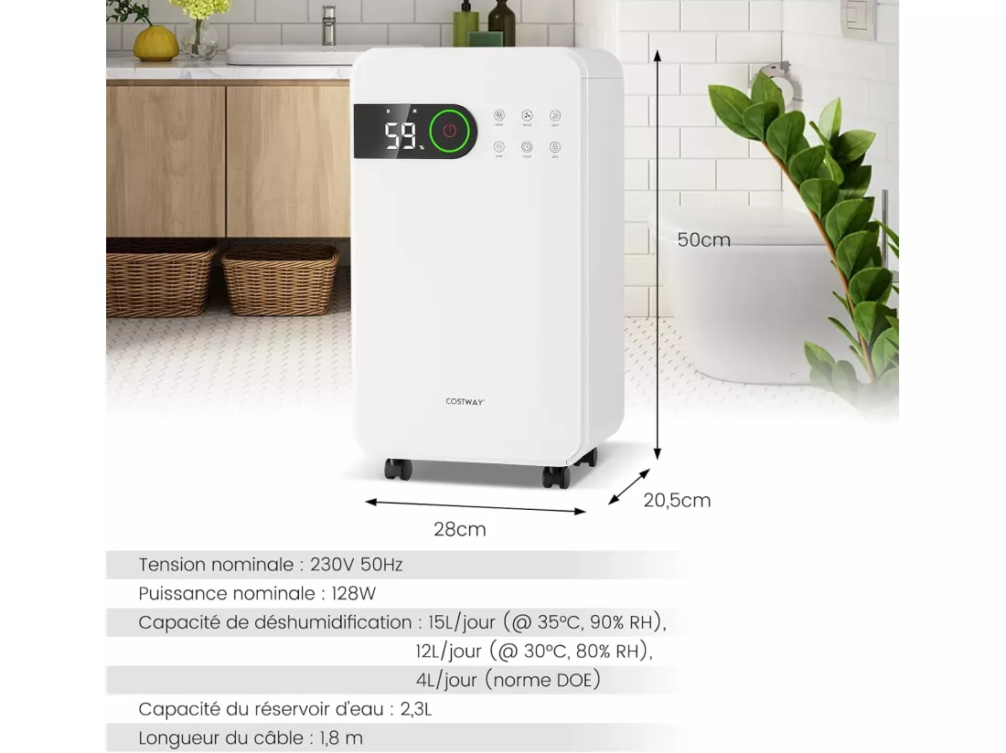 Déshumidificateur Portable 15L/Jour avec Réservoir d'Eau 2L pour jusqu'à 15 m², 2 Vitesses de Ventilation Minuterie 24H 3 Modes 2 façons de Drainage