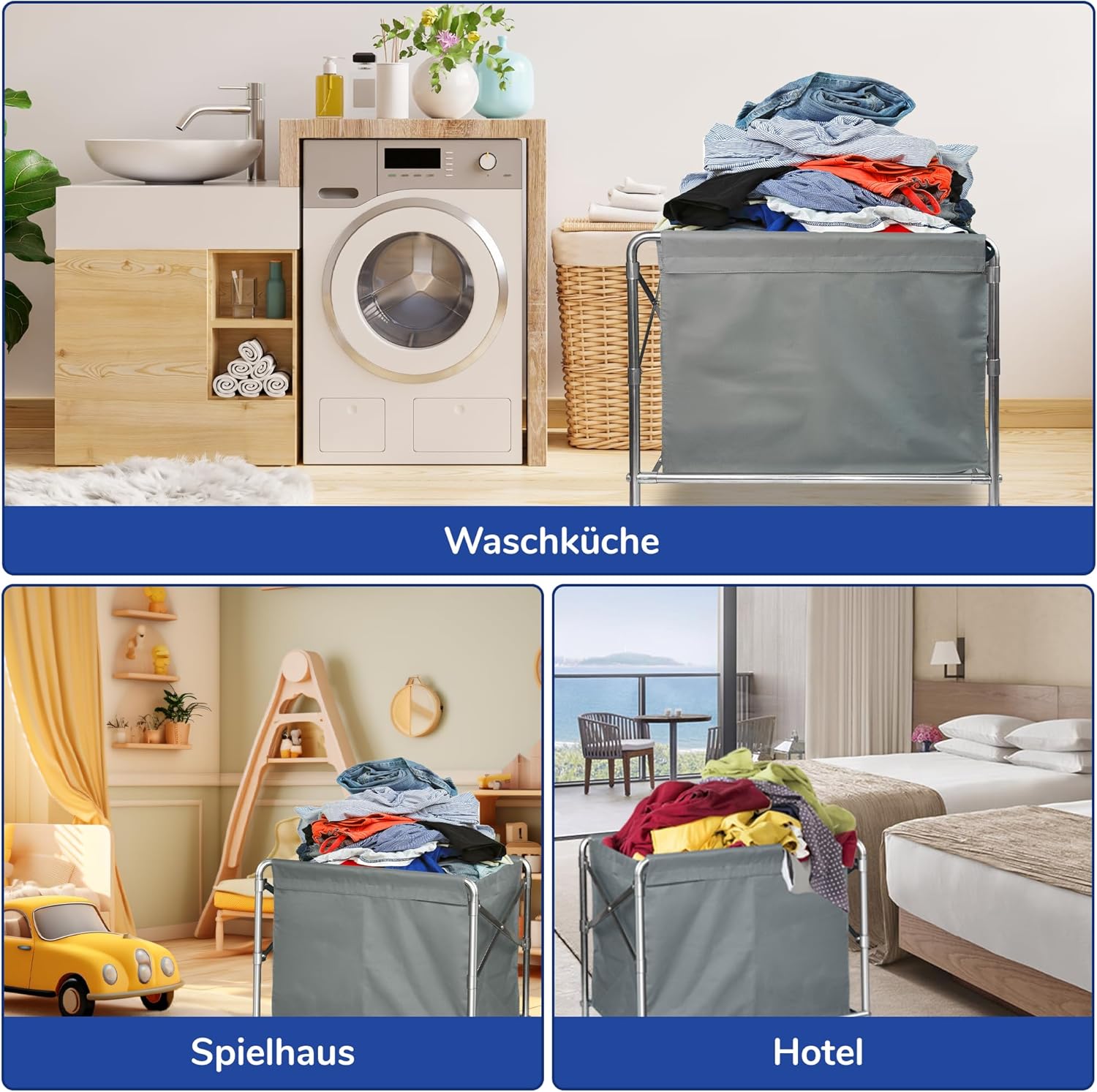 bimiti Wäschewagen Edelstahl Wäschesortierwagen Kommerzieller Wäschesortier mit Rollen Klappbar Wäschekorbwagen Wäschewagen mit 100kg Tragkraft für Home Hotel Wäschekammer, 87 x 52 x 78 cm