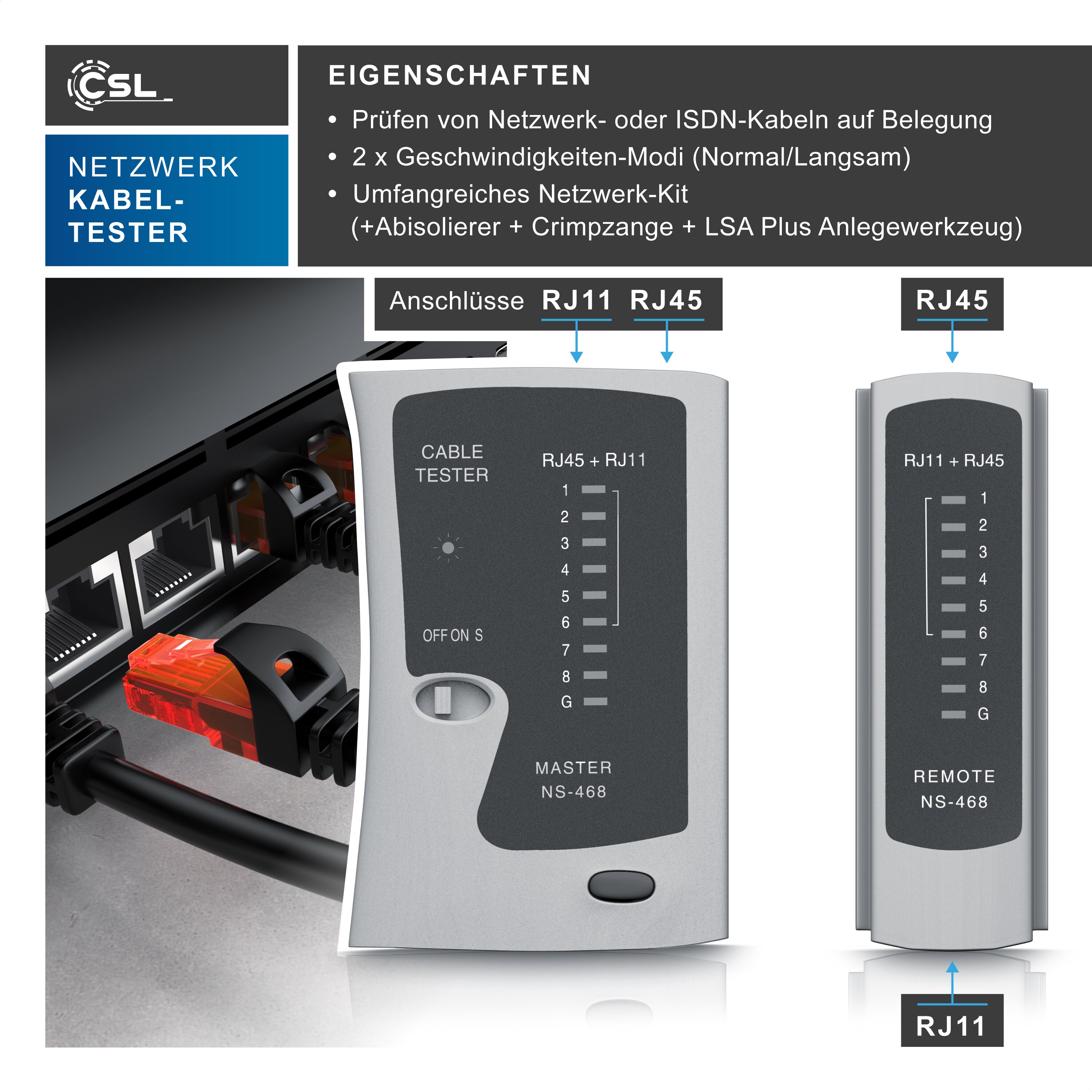 CSL Netzwerk Kabeltester für RJ45-/RJ11-Kabel geeignet für Telefon & Netzwerk / inkl. Zubehör