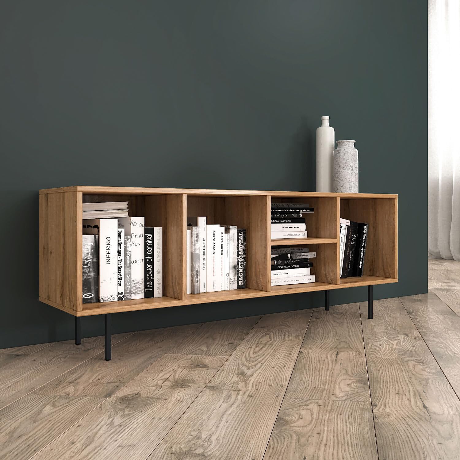 Homestyle4u 2651, TV Board Industrial Design 140 cm Lowboard TV-Schrank Eiche Holz Metall Fernsehschrank Kommode