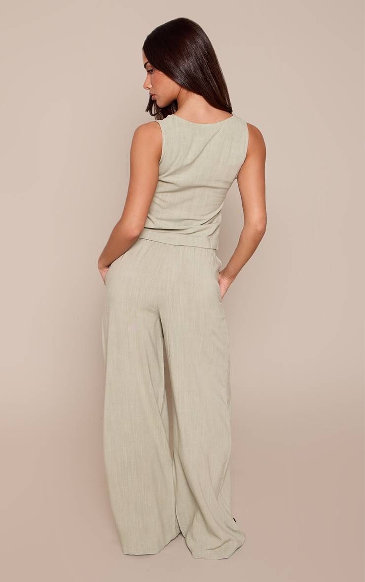 Vert Sauge Pantalon Large À Plis Devant Aspect Lin Petite Taille Ensemble Coordonné
